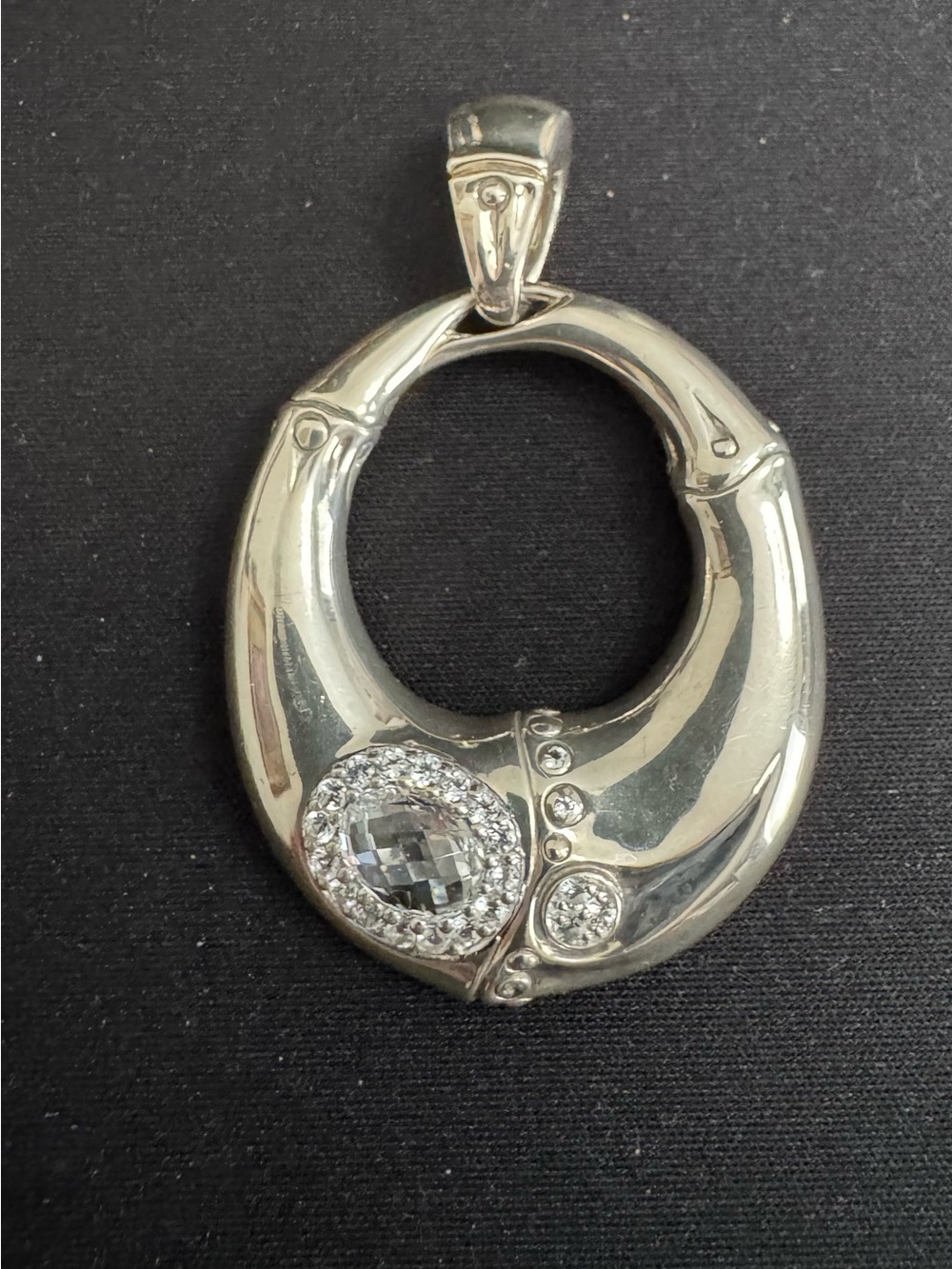 John Hardy Sterling Silver Large Oval Bamboo Pendant w/White Topaz & Crystals
